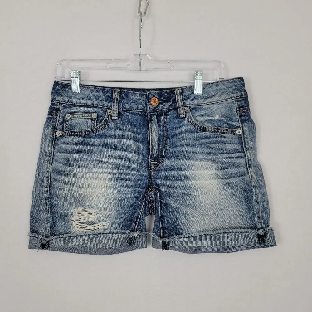 American Eagle Size 0 MIDI Jean Shortie Shorts Medium Wash Blue Stretch Summer
